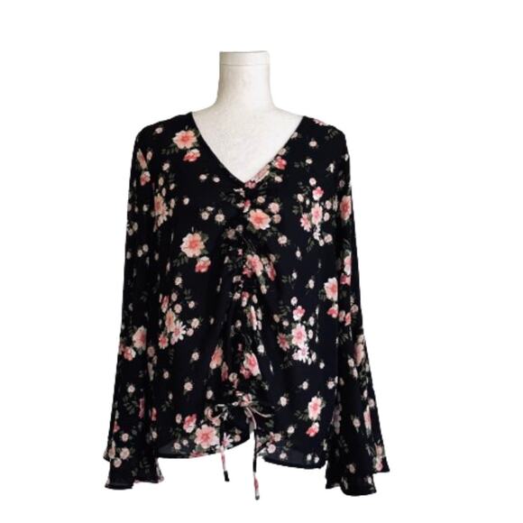 Planet Gold Tops - Planet Gold Top Blouse Black Pink Floral V-Neck Bell Sleeve Top Size 1X NEW